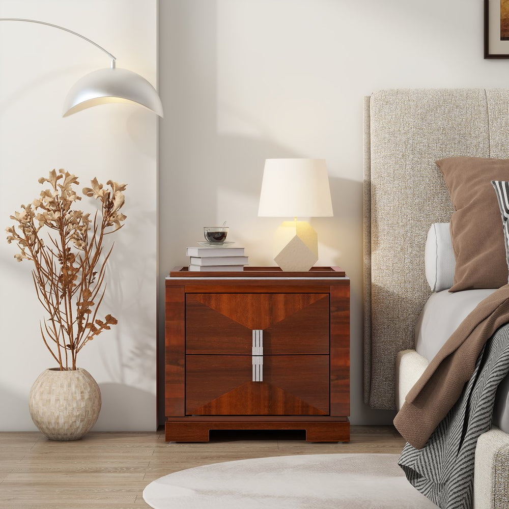 English Elm Mid-century Modern Nightstand with Diamond Geometric Drawers and Heavy Duty Wood Base Dark Brown N761P324094N