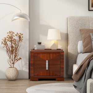 English Elm Mid-century Modern Nightstand with Diamond Geometric Drawers and Heavy Duty Wood Base Dark Brown N761P324094N