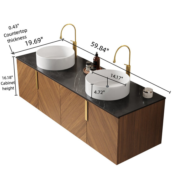 English Elm ARAI 60" Bathroom Vanity with Dual Ceramic Vessel Sinks, Sintered Stone Top, Plywood Storage Cabinet with Soft-Close Doors and Brushed Gold Handles Black,Brown Oak,White W2615S00159