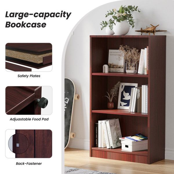 English Elm Bookcase Durable 3-Shelf Wood Freestanding Bookcase with Adjustable Shelves for Home Office Storage Mahogany T3623P381095
