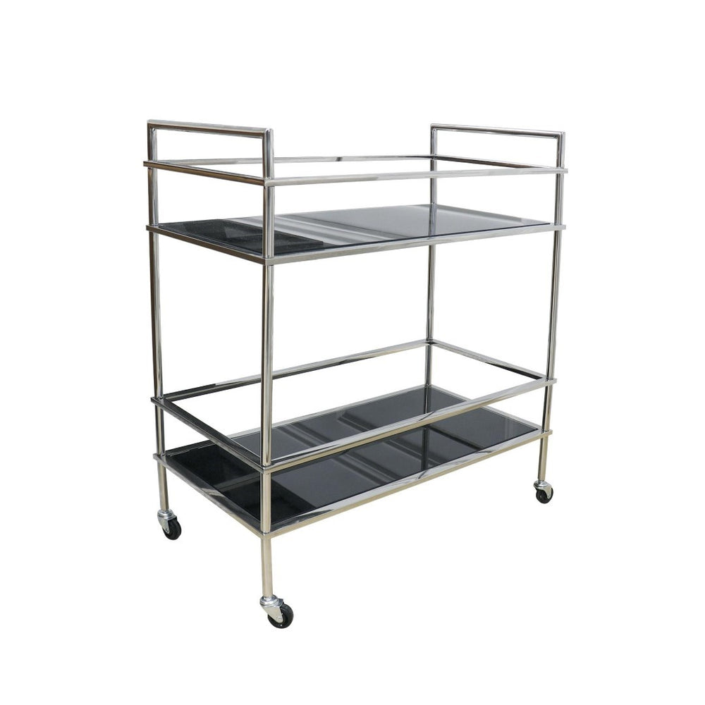 Pasargad Luxe Glass & Steel Serving Table - Elegant Black Mirrored Bar Cart With Rolling Casters Black Glass & Steel Jj-1072
