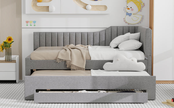 English Elm Full Upholstered Daybed with Trundle and Three Drawers, Linen-Blend Fabric, Space-Saving Guest Bed, Storage-Friendly Design Gray DL002058AAE