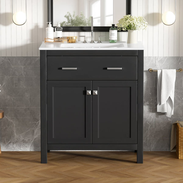 English Elm 30" Modern Bathroom Vanity with Ceramic Sink and Soft-Close Doors, Solid Wood MDF Build, Sleek Handles Black N729P263155B