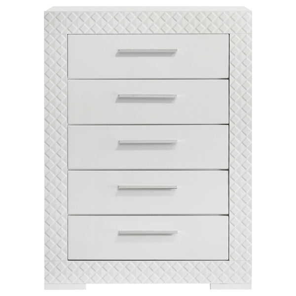 English Elm Pierce Five Drawer Chest with Diamond Emboss Texture and Sleek Contemporary Bedroom Storage Gloss White B062P447671