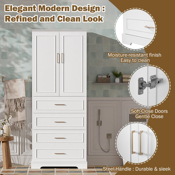 English Elm 72.2'' Tall Freestanding Bathroom Cabinet with 3 Drawers, Adjustable Shelf, Soft-Close Doors, Modern Elegant Design White N729P296769K