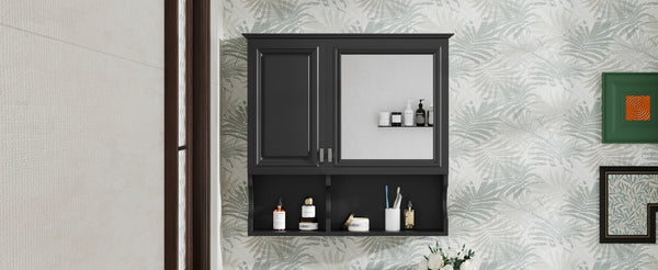 English Elm 30 30 Inch Mirror Medicine Cabinet with Half-Moon Design, Soft-Close Hinges, Open Shelf & Solid-Wood Frame Black N710P322812B