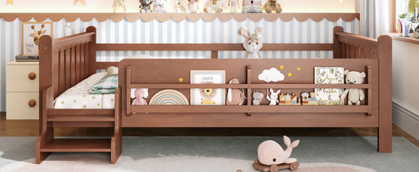 English Elm Queen Bunk Bed with Trundle Solid Pine Kids Car Themed Frame Built-in Bookshelf Natural W1580S00537