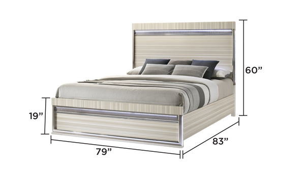 English Elm Leonor King Bed Wood Frame with Led Lighting Gray Vertical Panel Headboard Modern B009S02300