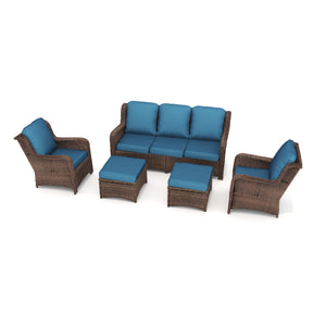 English Elm Patio Rattan Outdoor Sectional Set with 3-Seat Sofa, 2 Chairs & 2 Ottomans Cushioned Comfort Brown Grey,Peacock Blue W1710S00257
