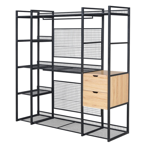 English Elm Open-Style Wardrobe Storage System with Heavy-Duty Metal Frame, Rails, Shelves & Drawers - Sleek Durable Design for Organized Living Black SF000087AAB
