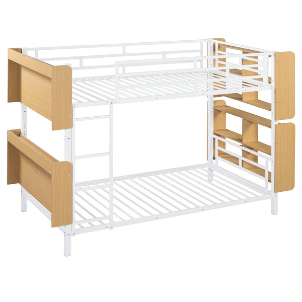 English Elm Twin Metal Bunk Bed with Built-In Headboard Storage and Footboard Shelves, Sturdy Space-Saving Design White SF000176AAK