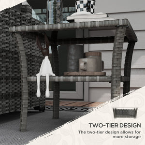 English Elm Outsunny Rattan Side Table With Storage Shelf, Aluminum Frame & Tempered Glass Top For Outdoors W2225P200702-GIGA