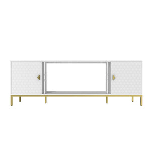 English Elm 70 Electric Fireplace TV Stand with Honeycomb Doors & Gold Legs, Sturdy MDF Console with Adjustable Shelves and Open Storage for Modern Living Room White 75.6 L x 19.3 W x 5.5 H T3609P332396