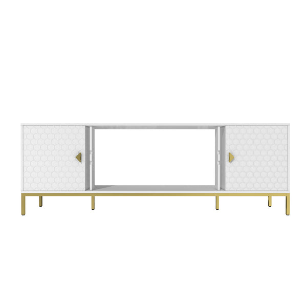 English Elm 70 Electric Fireplace TV Stand with Honeycomb Doors & Gold Legs, Sturdy MDF Console with Adjustable Shelves and Open Storage for Modern Living Room White 75.6 L x 19.3 W x 5.5 H T3609P332396