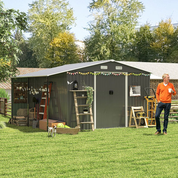 English Elm 10x12 Ft Galvanized Steel Outdoor Shed Dual Zone Lockable Sliding Doors Backyard Storage Dark Gray W1598S00034