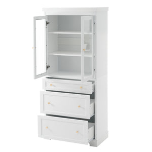 English Elm 70.1" Modern Tall Storage Cabinet with 3 Drawers, 2 Adjustable Shelves, Soft-Close Glass Doors, Gold Handles White N729P271979K