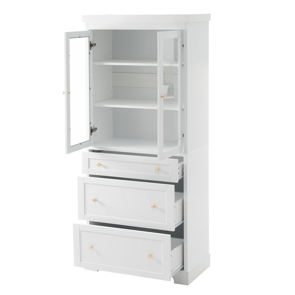 English Elm 70.1" Modern Tall Storage Cabinet with 3 Drawers, 2 Adjustable Shelves, Soft-Close Glass Doors, Gold Handles White N729P271979K