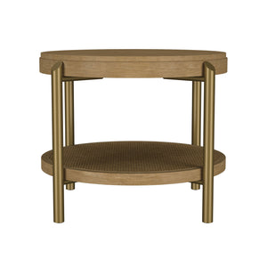 English Elm Round Two Tier Side Table with Rattan Shelf Aged Brass Legs for Living Room Sand B016P469322