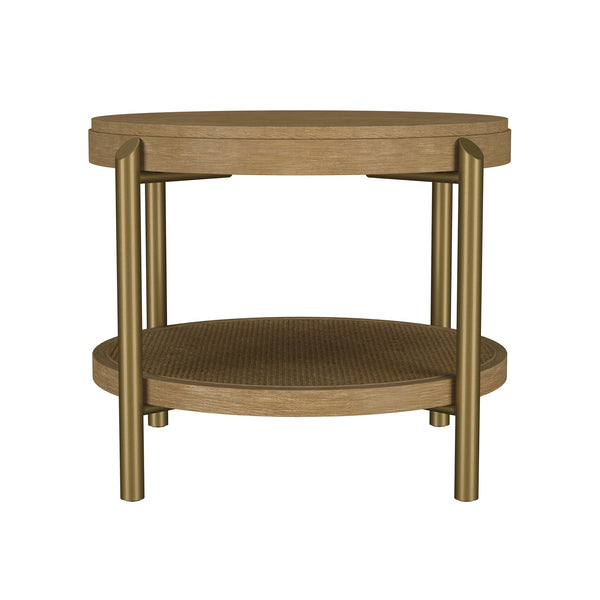 English Elm Round Two Tier Side Table with Rattan Shelf Aged Brass Legs for Living Room Sand B016P469322