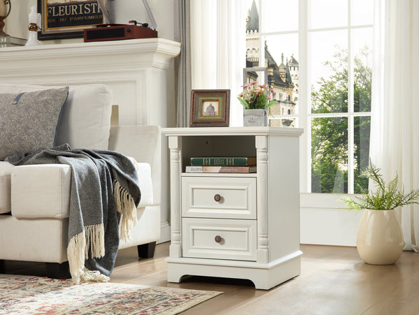 English Elm Farmhouse Rustic Nightstand with Built-in Charging Station Barn Wood Grain Storage White W2393P324429