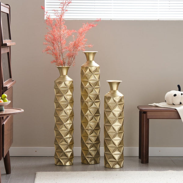 English Elm Metal Antique Gold Decorative Vase Set Of 3 - Modern Geometric Design With 3D Triangle Pattern W2796P193603