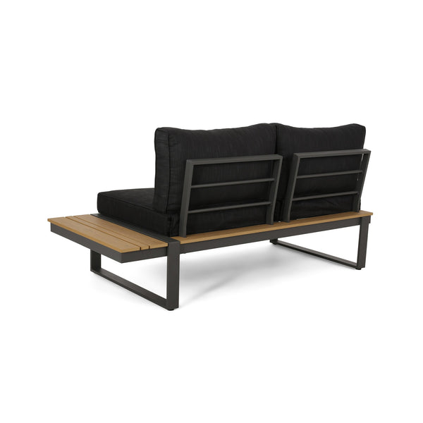 English Elm Sterling Outdoor Aluminum Sectional Sofa Set with Acacia Wood and Weather Proof Cushions STERLING -V SAHPE FGRY