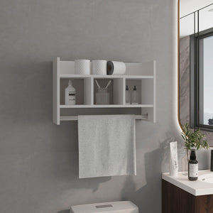 English Elm Bathroom Wall Shelf with Towel Bar — Space-Saving White Engineered Wood Organizer with Wide Top Shelf and 3 Middle Shelves for Towels and Toiletries B200P368102