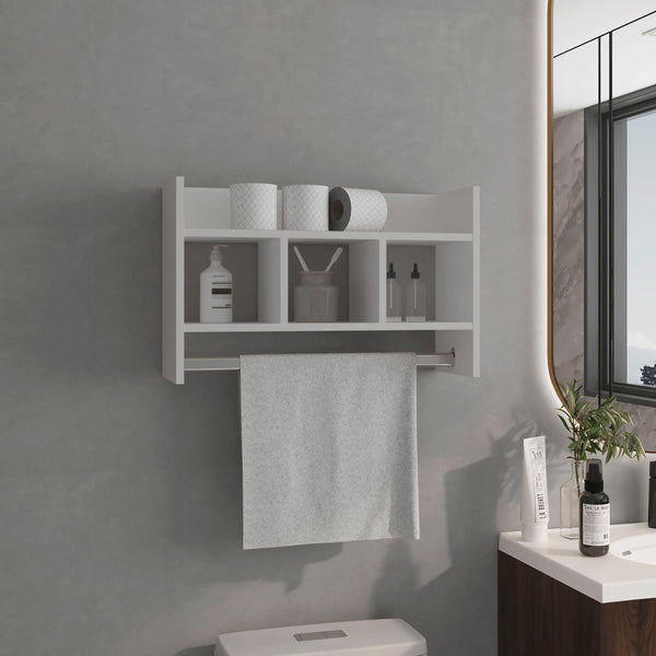 English Elm Bathroom Wall Shelf with Towel Bar — Space-Saving White Engineered Wood Organizer with Wide Top Shelf and 3 Middle Shelves for Towels and Toiletries B200P368102