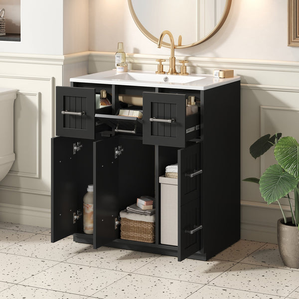 English Elm 30inch Bathroom Vanity with Undermount Sink, Tip-Out Tray, Soft-Close Doors, Spacious Drawers & Handles Black N710P331580B