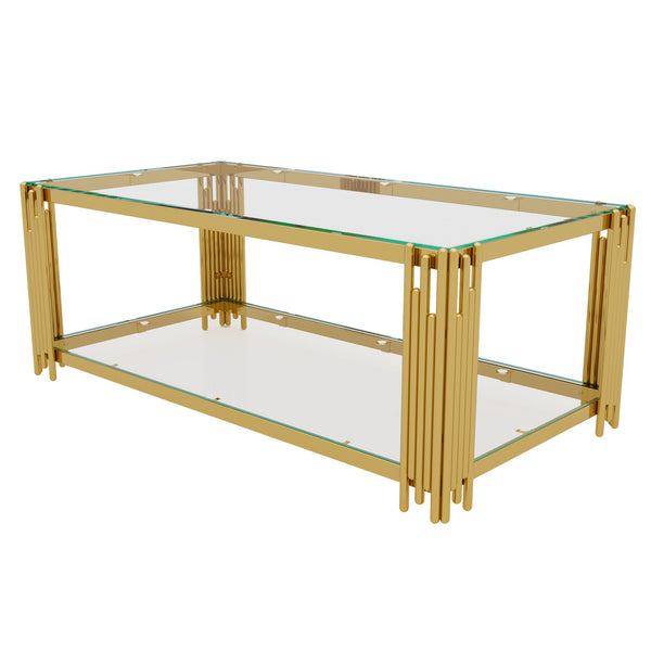 English Elm Modern Glam Rectangular Coffee Table with Mirrored Top Gold Sculptural Frame Open Shelf Transparent N735P380101K