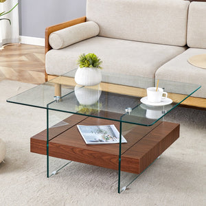 English Elm 31.4 Modern Two-Tier Square Coffee Table with Tempered Glass Top & Walnut Shelf — Stylish Storage W1512P407505