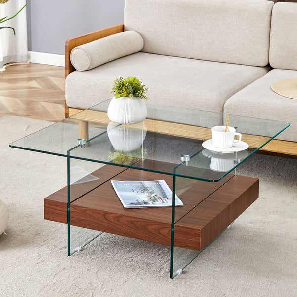 English Elm 31.4 Modern Two-Tier Square Coffee Table with Tempered Glass Top & Walnut Shelf — Stylish Storage W1512P407505