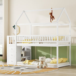 English Elm Twin/twin House Bunk Bed Solid Pine Playhouse Frame with Storage Drawers Shelves White W697S00032