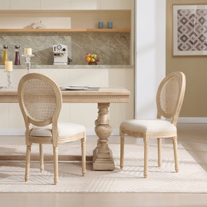 English Elm French Country Dining Chairs Set Of 2 - Upholstered Rattan Back, Elegant Carved Design For Home Use W3426P324257