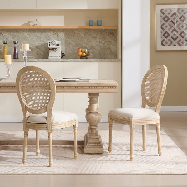 English Elm French Country Dining Chairs Set Of 2 - Upholstered Rattan Back, Elegant Carved Design For Home Use W3426P324257