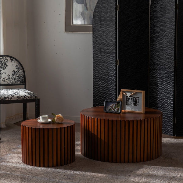 English Elm Round Wood Coffee Table - Stylish Walnut Finish For Small Spaces, Fully Assembled, Safe & Durable W3081P255018-GIGA