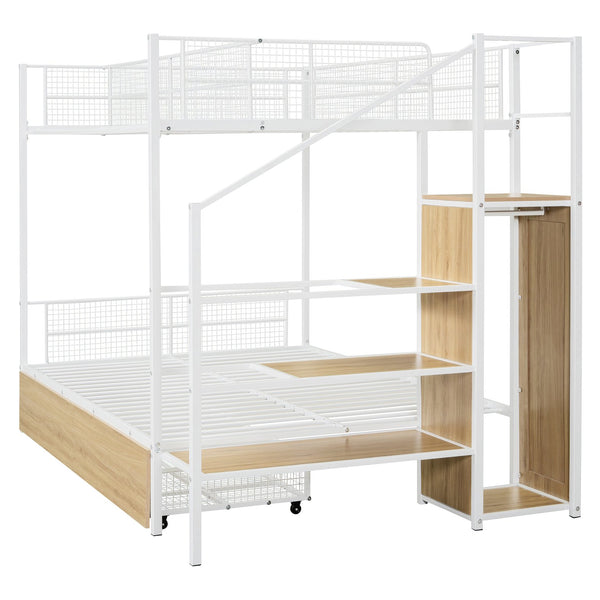 English Elm Twin Metal Bunk Bed Twin-Over-Full with Built-In Drawer, Ladder Storage, Wardrobe & Trundle Utility White SF000174AAK