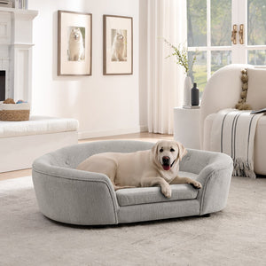English Elm Oversized Oval Dog Sofa with Tufted Linen Backrest for Large Breed Lounging Comfort Beige W487P415300