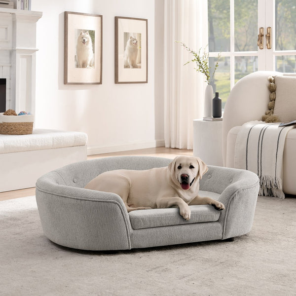 English Elm Oversized Oval Dog Sofa with Tufted Linen Backrest for Large Breed Lounging Comfort Beige W487P415300