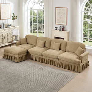 English Elm Classic Modular Chenille Sectional Couch - L-Shaped, Flared Arms, Removable Skirts & Movable Ottoman W3041S00250