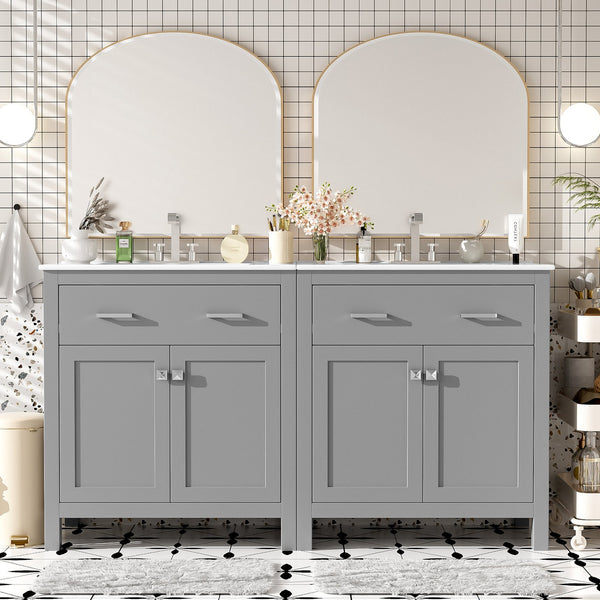 English Elm 60" Modern Bathroom Vanity Set with Double Ceramic Sinks, Soft-Close Doors, Flip Drawer & Storage Gray N729P000002E