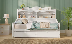 English Elm Twin Daybed Retro Wood Frame with Under Bed Drawers and Headboard Shelving White N733S415358K