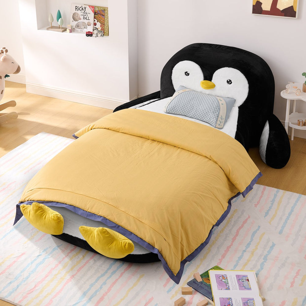 English Elm Twin Penguin Shaped Faux Fur Lounger Bed for Kids Playroom Sponge Filled Floor Chair W1413P384968