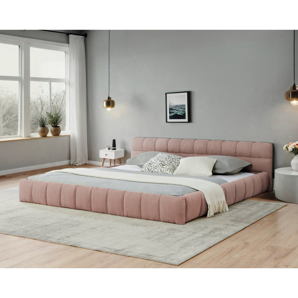 English Elm California King Upholstered Bed Frame In Soft Pink Chenille - No Box Spring Needed, Modern Design! W487P311319
