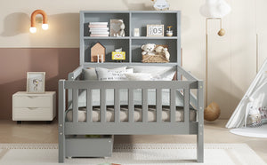 English Elm Twin Chalkboard Platform Bed with Drawers & Shelves, Solid Wood Kids Bed with Storage and Creative Headboard Grey W1580P362706