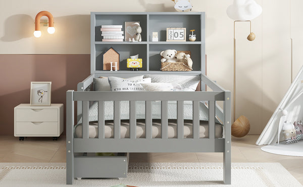 English Elm Twin Chalkboard Platform Bed with Drawers & Shelves, Solid Wood Kids Bed with Storage and Creative Headboard Grey W1580P362706