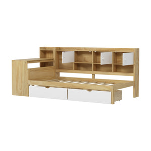 English Elm Wooden L-shape Twin Bed with Study Desk Bookshelf and Nine Storage Cabinets N733S247070M
