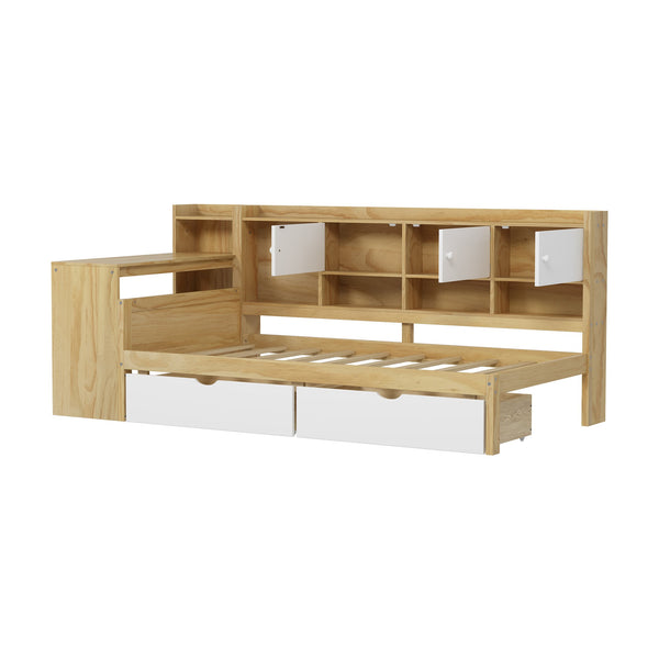 English Elm Wooden L-shape Twin Bed with Study Desk Bookshelf and Nine Storage Cabinets N733S247070M