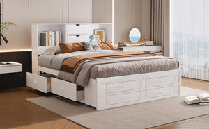 English Elm King Solid Wood Platform Bed with 8 Drawers and Storage Headboard, Durable MDF Frame, 500lb Capacity White GX000454AAK