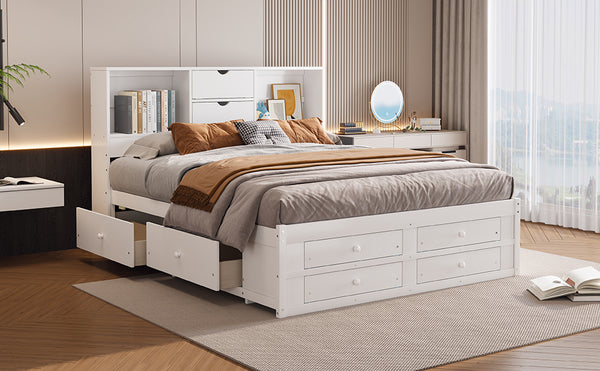 English Elm King Solid Wood Platform Bed with 8 Drawers and Storage Headboard, Durable MDF Frame, 500lb Capacity White GX000454AAK